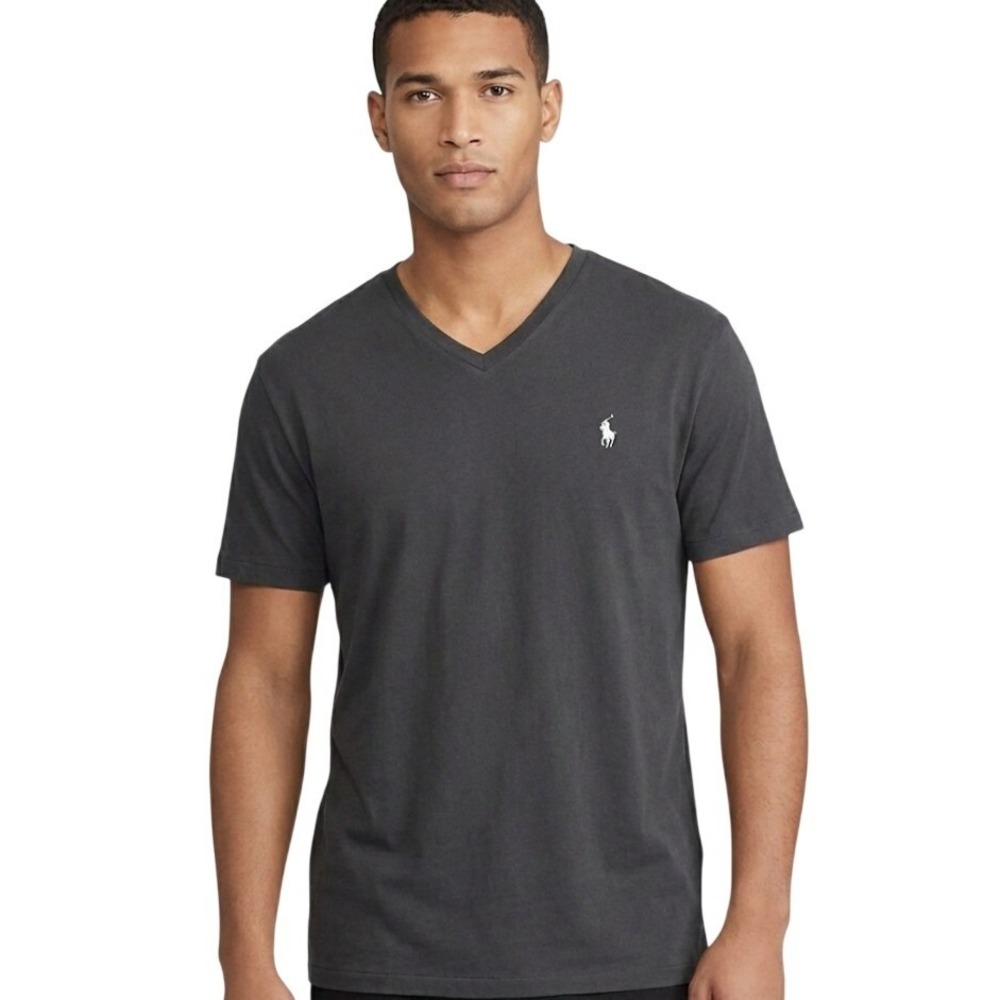 Polo Ralph Lauren Mens Medium V Neck T Shirt Dark Gray Cotton Logo Casual Travel